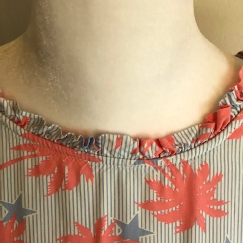 CROWN & IVY White Blue Stripe Palm Tree Star Square Back Shift Dres…